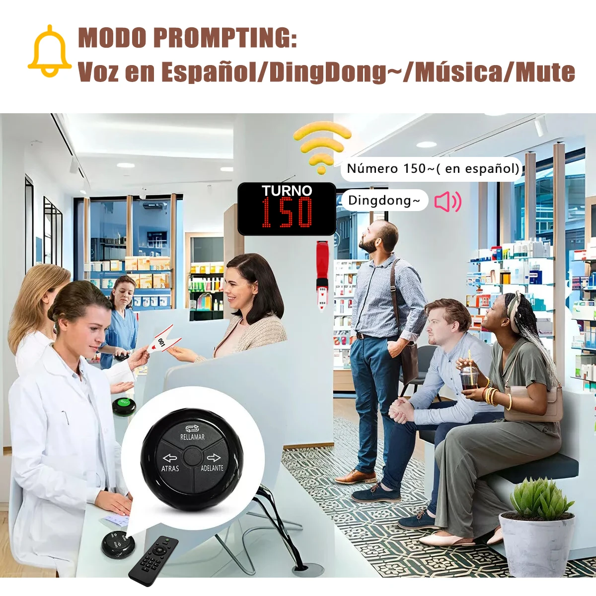 Wireless Queue System Spanish Take A Number Machine Ticket Dispenser 3-Digit LED Display Turn-O-Matic Call Button for Business