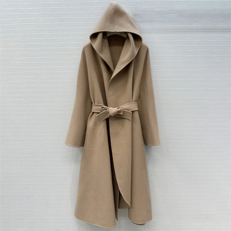 

Женский плащ, новая двусторонняя длинная женская ветровка из смесовой шерсти на осень 2022, облегающий пояс с капюшоном, женское пальто y2k