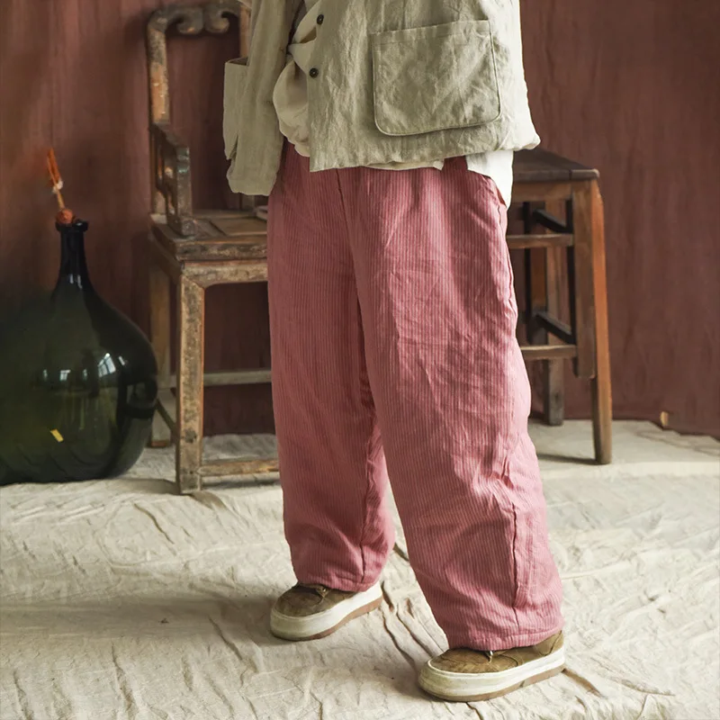 

Зимние оригинальные ретро-брюки в полоску из льняной хлопковой смеси, свободные повседневные брюки с высокой талией, утепленные длинные брюки