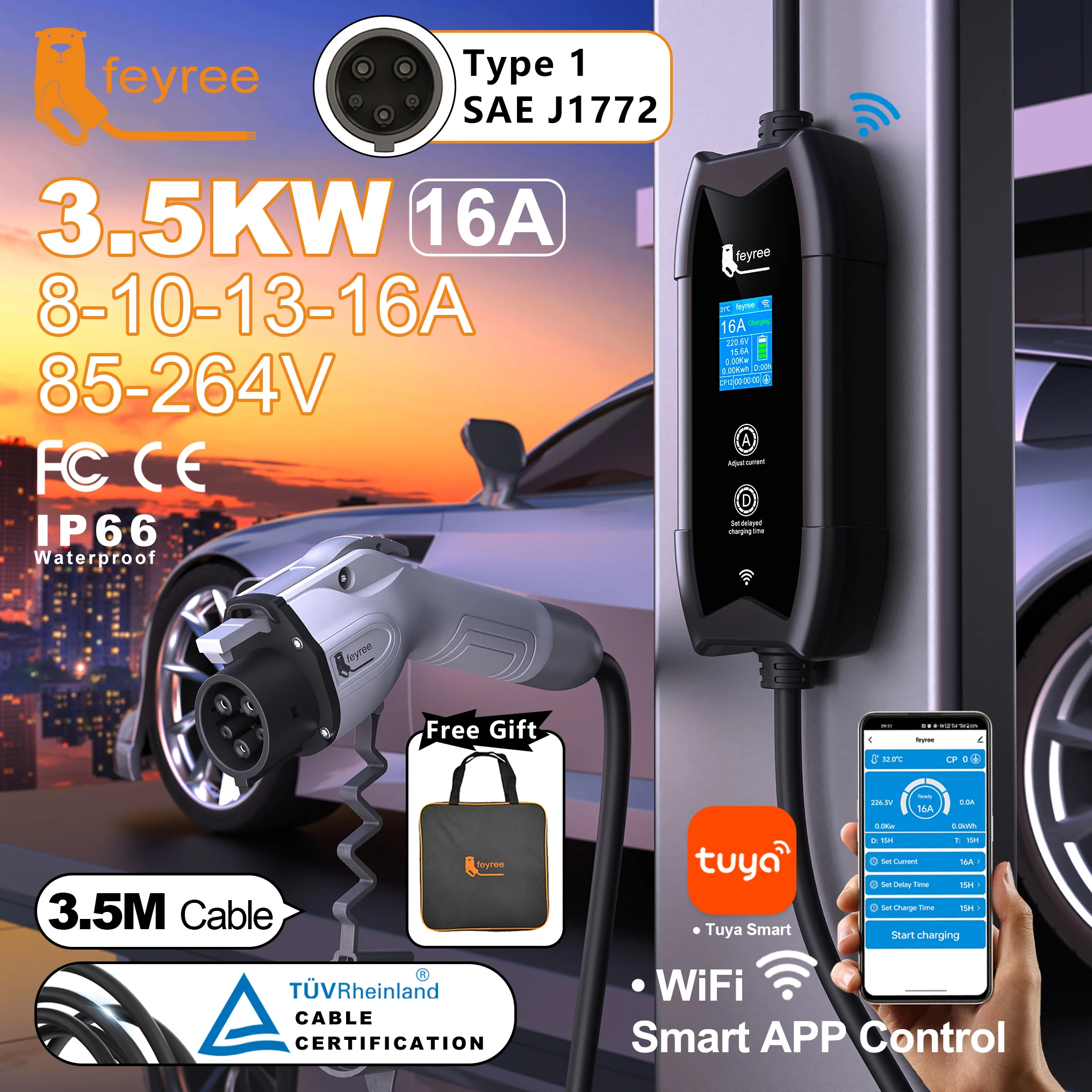 شاحن EV محمول من feyree Type1 كابل 3.5 متر مع WIFI Amart APP Control 16A 3.5kW مجموعة شحن ووقت تأخير لسيارات EV #1