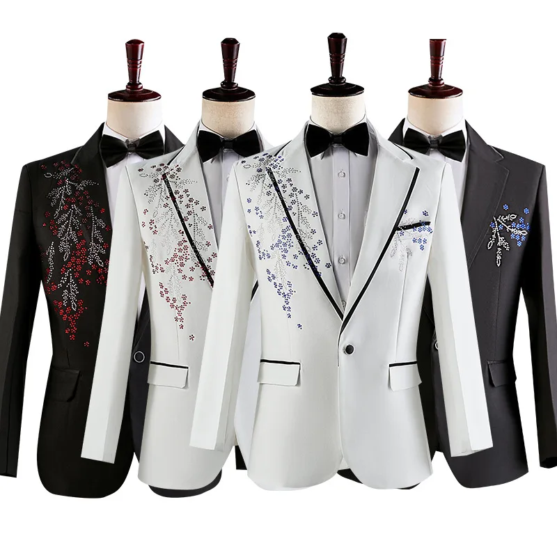 Men's Suit 2 Piece Set Singer Host Chorus Crystal Crystal Tuxedo Pants Set Wedding Banquet Suits Stage Performance Outfit