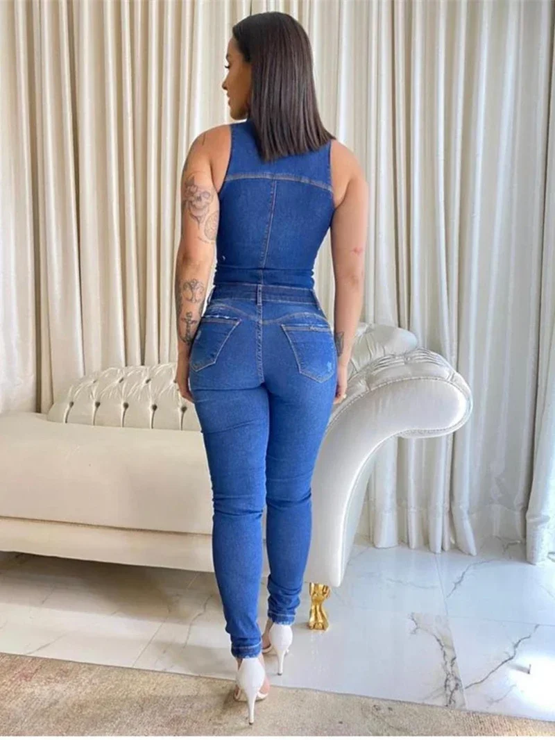 Streetwear Ripped Jean Jumpuit for Women Summer Y2K Clothing Sleeveless Pencil Pants Denim Rompers Playsuits One Pieces Overalls