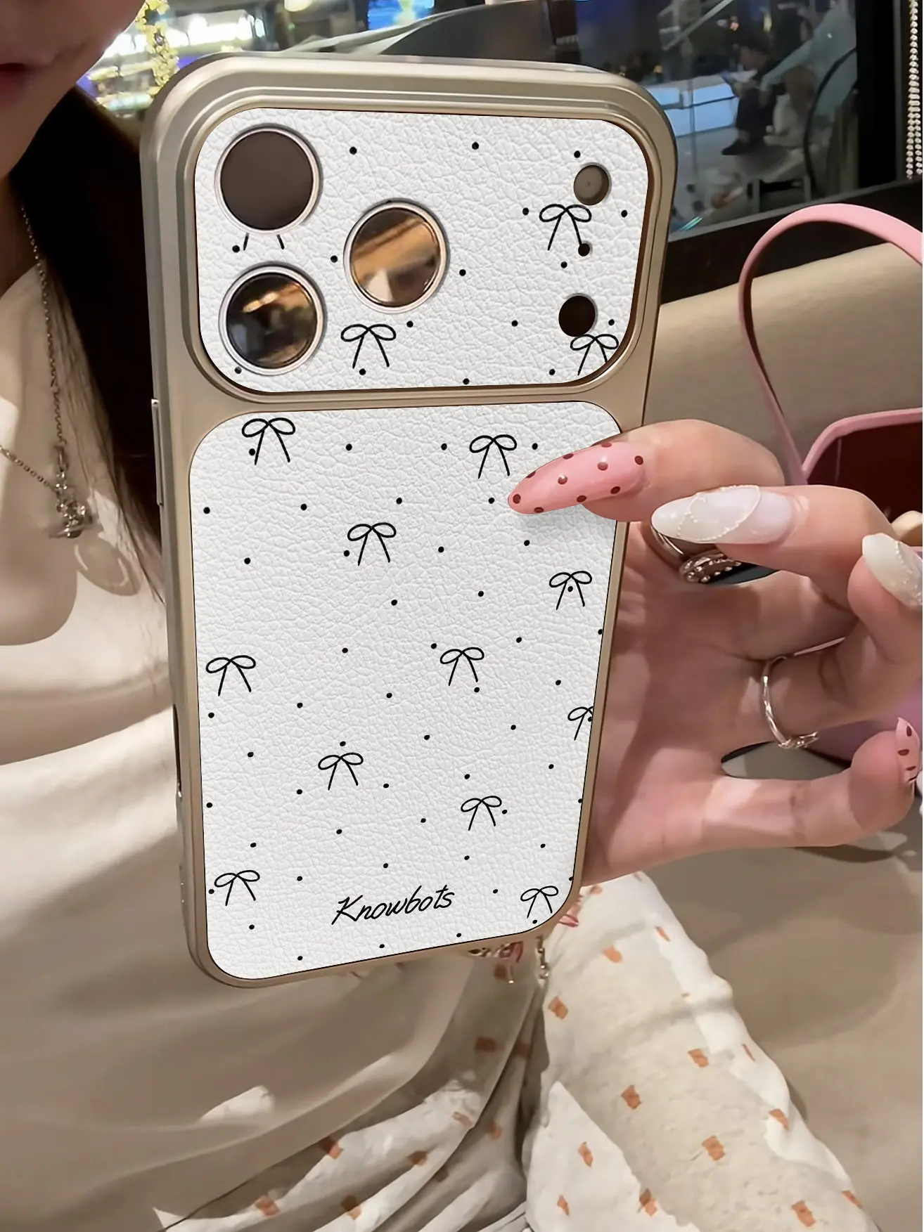 Einfache Polka Dots Luxus-Imitation 17 Handyhülle für iPhone 13 14 15 16 17 Pro Max 17Pro, plattierter Stoßfänger, stoßfeste Lederhülle – Detail 9