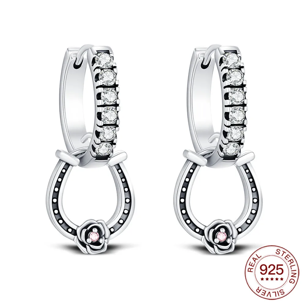 925 Sterling Silver Horseshoe & Rose Hoop Earrings Lucky Drop Hypoallergenic Earrings Jewelry Graduation Gift For Women