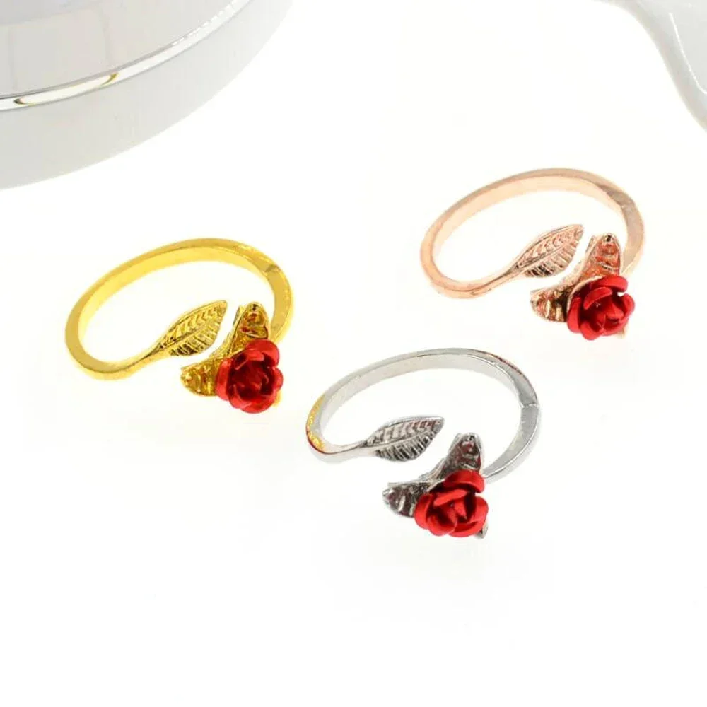 FSUNION 2025 New Fashion Red Rose Flower Leaves Resizable Gold Color Finger Rings Jewelry Open for Women Party Jewelry Gifts
