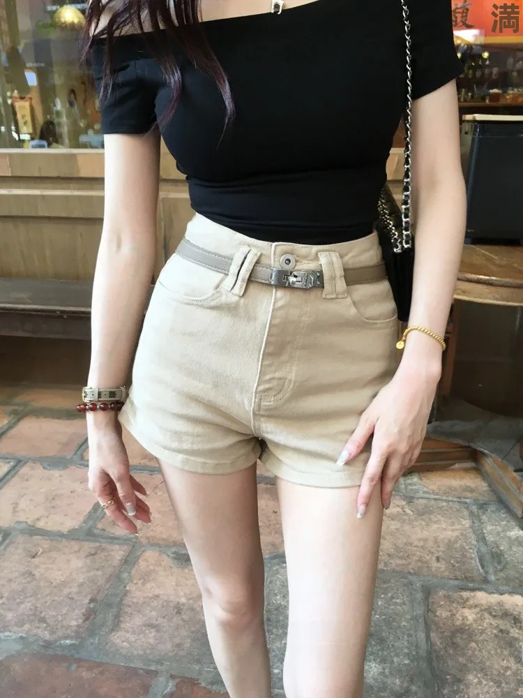 

High Waist Slim Fit A-Line Shorts Khaki Denim Women's Summer Casual High Waist Tight Jeans Short Pants Hot Shorts