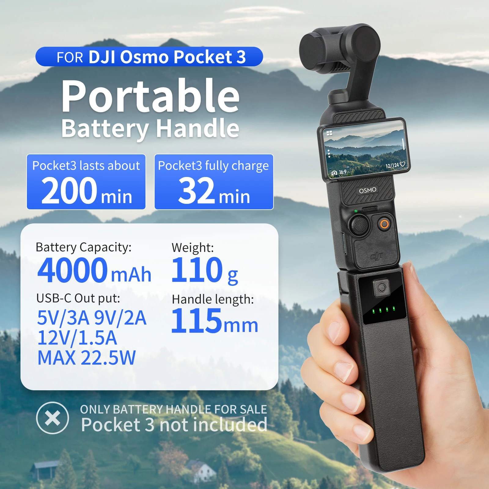مقبض بطارية عالي السعة لـ Osmo Pocket 3 بطارية إضافية مدمجة 4000 مللي أمبير في الساعة DJI Osmo Pocket 3 ملحقات بديلة أصلية