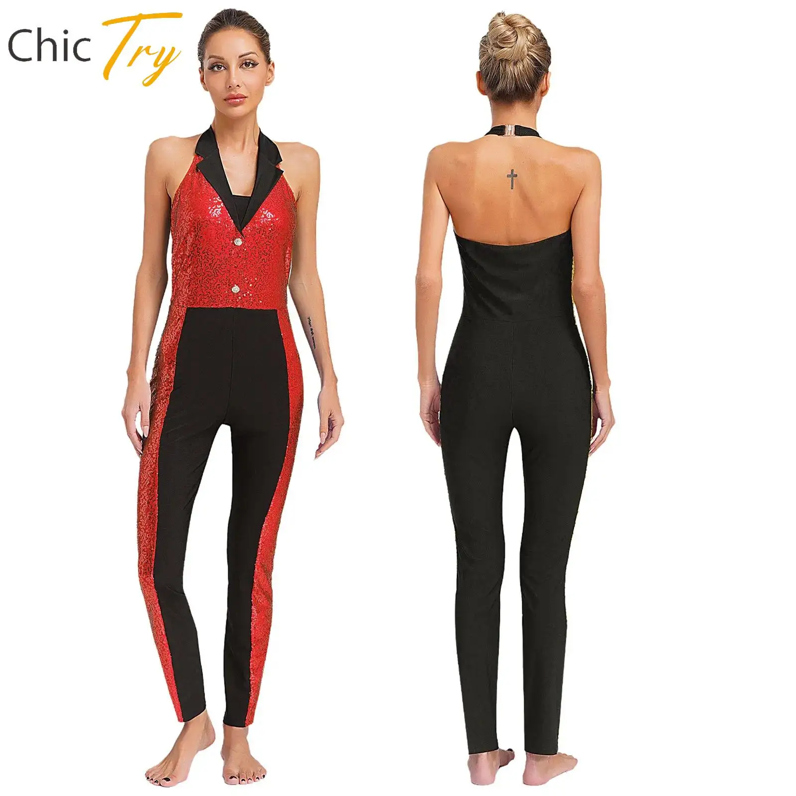 

Womens Sparkly Sequin Latin Jazz Dance Costume Jumpsuit Halter Sleeveless Backless Full Body Leotard Stage Performance Dancewear
