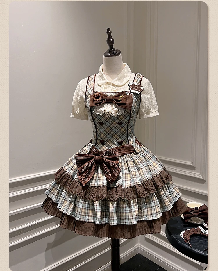 Abito da torta senza maniche al cioccolato menta carino e retrò Serie Lolita Set da due pezzi con mantello maglione autunno e inverno