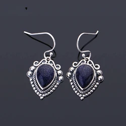 Water Drop Shaped Blue Sandstone Earrings S925 Silver Drop Earring for Women Engagement Wedding Gift Vintage Jewelry