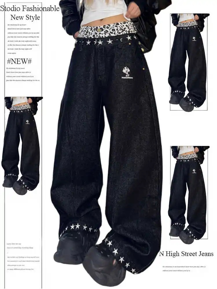 

Women's Baggy Jean Fake Two Pieces Designer Y2k Japanese 2000s Streetwear Hip-pop Leopard Print Denim Pants Y2k Harajuku Wide