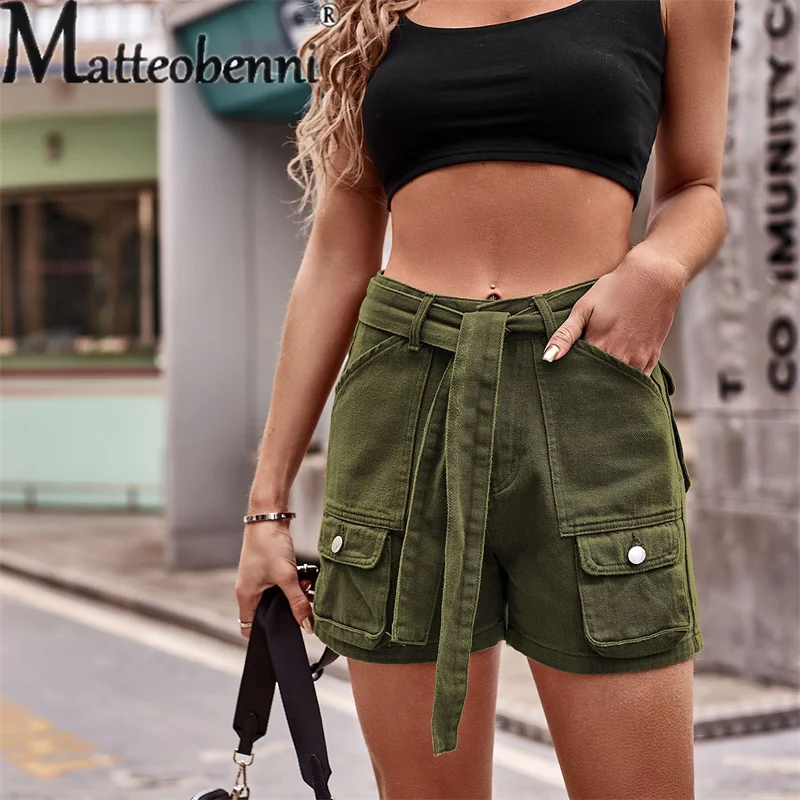 2023 Summer New Mid-waist Lace-up Denim Overalls Female Fashion Casual Streetwear Loose Splicing Pocket Women Solid Color Shorts