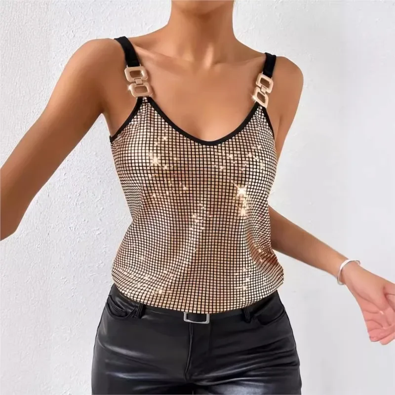 New Style Sequin Chain Camisole For Women Summer V Neck Glitter Tank Tops Fashion Loose Sexy Backless Party Vest Women's Tanks