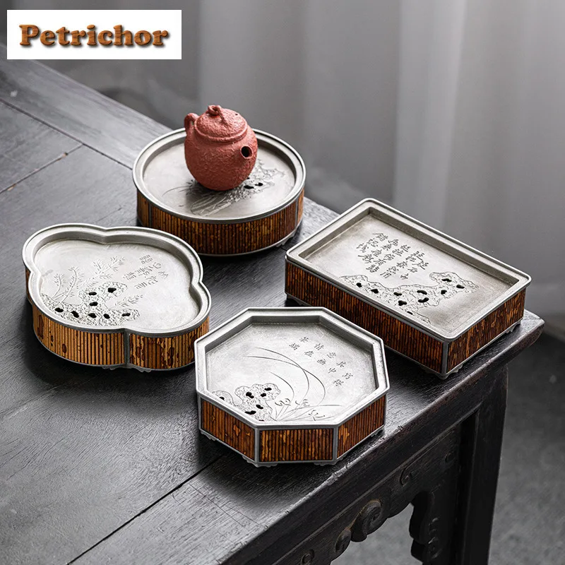 

Handmade Bamboo Antique Tin Pot Bearing Holder Zisha Pot Dessert Serving Trays Dry Bubble Table Tea Tray Coasters Cha Ornaments