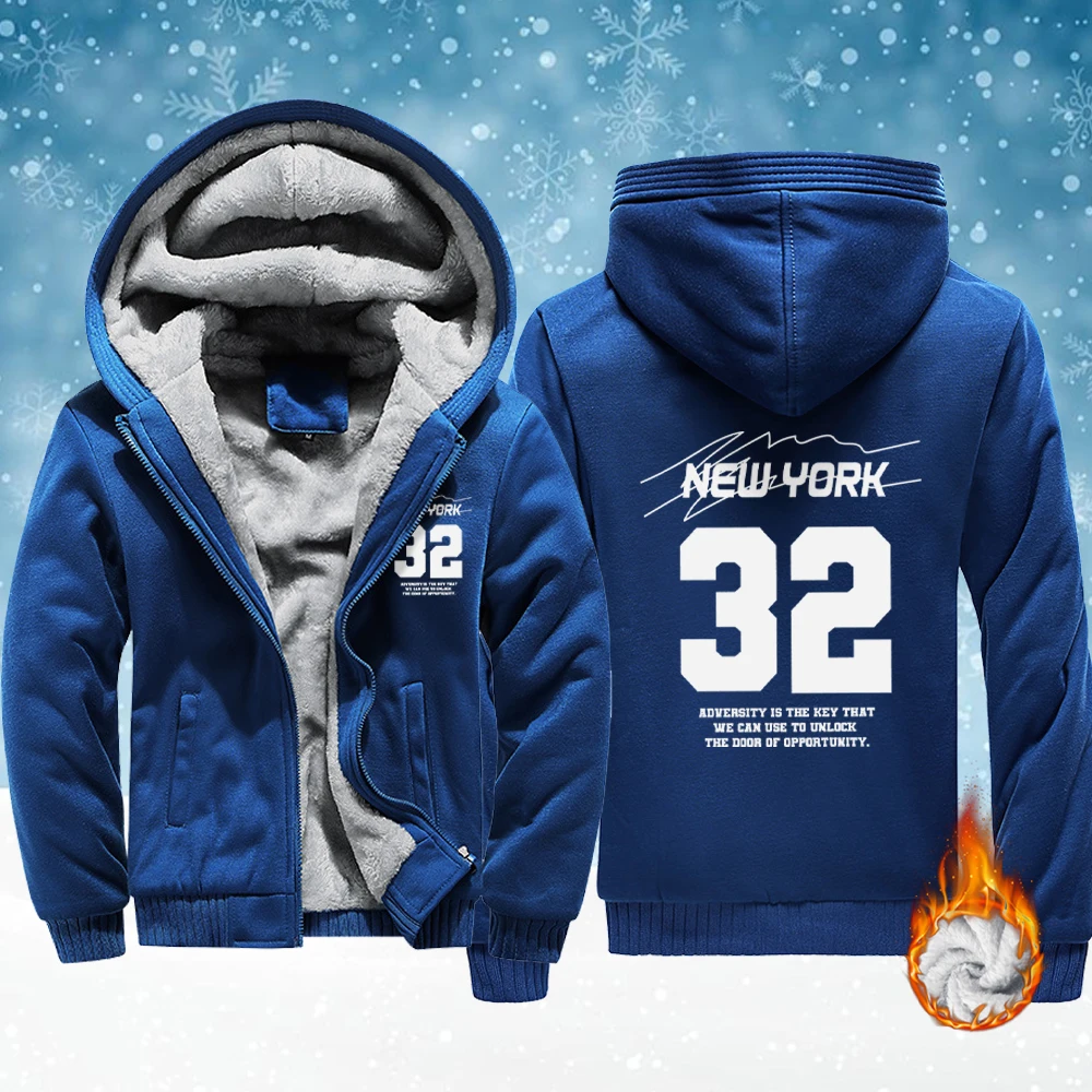 

New York Number 32 Printing Unisex Fleece Soft Jackets Pocket Zip-Up Hoodie Warm Casual Streetwear Winter Thicken Veste