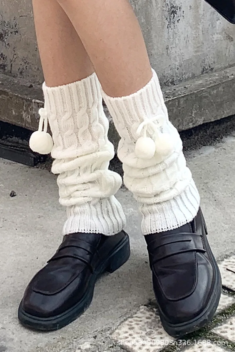 Winter Warm Socks Lolita Warm Leg Knitted Socks Wool Ball Knitted Foot Covers Leg Warmers With Balls For Women