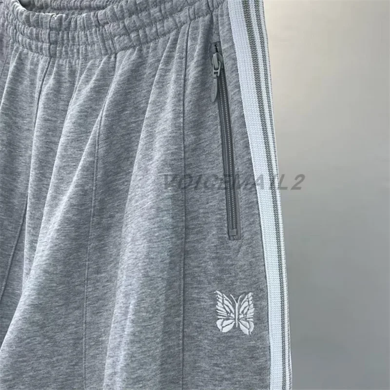 25SS Butterfly Embroidery AWGE Wide Leg Pants Men Women Jogger Drawstring Pants Grey Pure Cotton Terry Striped Sweatpants