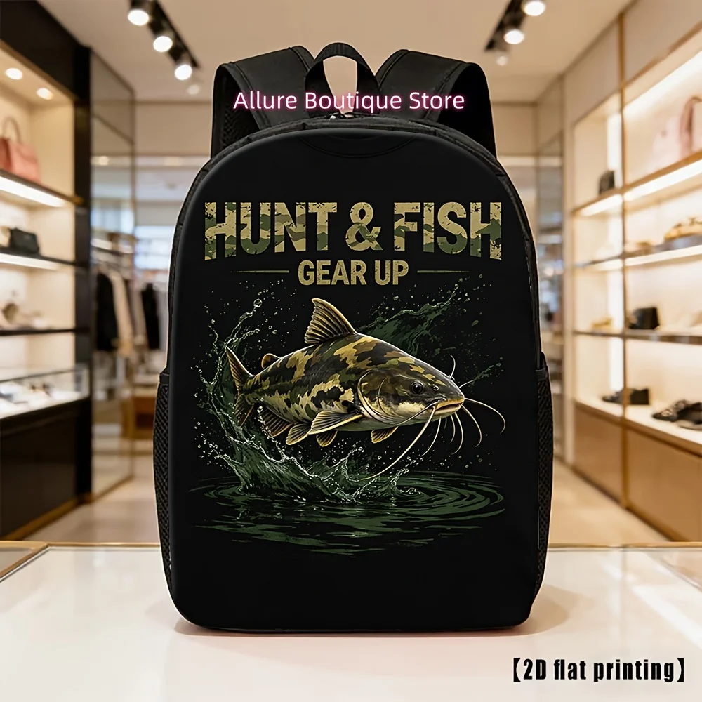 Hunt And Fish Gear Up Catfish Print Backpack, Suitable for Hunting And Fishing Enthusiasts, Ideal for Outdoor Activities, Daily