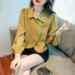 2024Autumn New Polo-Neck Long Sleeve Chiffon Shirt Chinese National Style with Buckle Collar Design Stylish High Waist Top Women