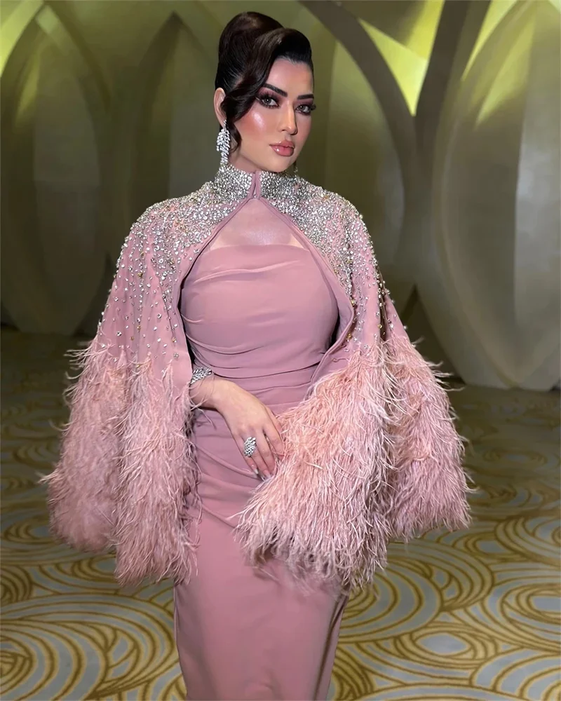 Purple Pink Feathers Wrap Evening Dresses For Women Strapless Ruched Side Slit  Luxury Crystals Wedding Party Prom Dress Dubai