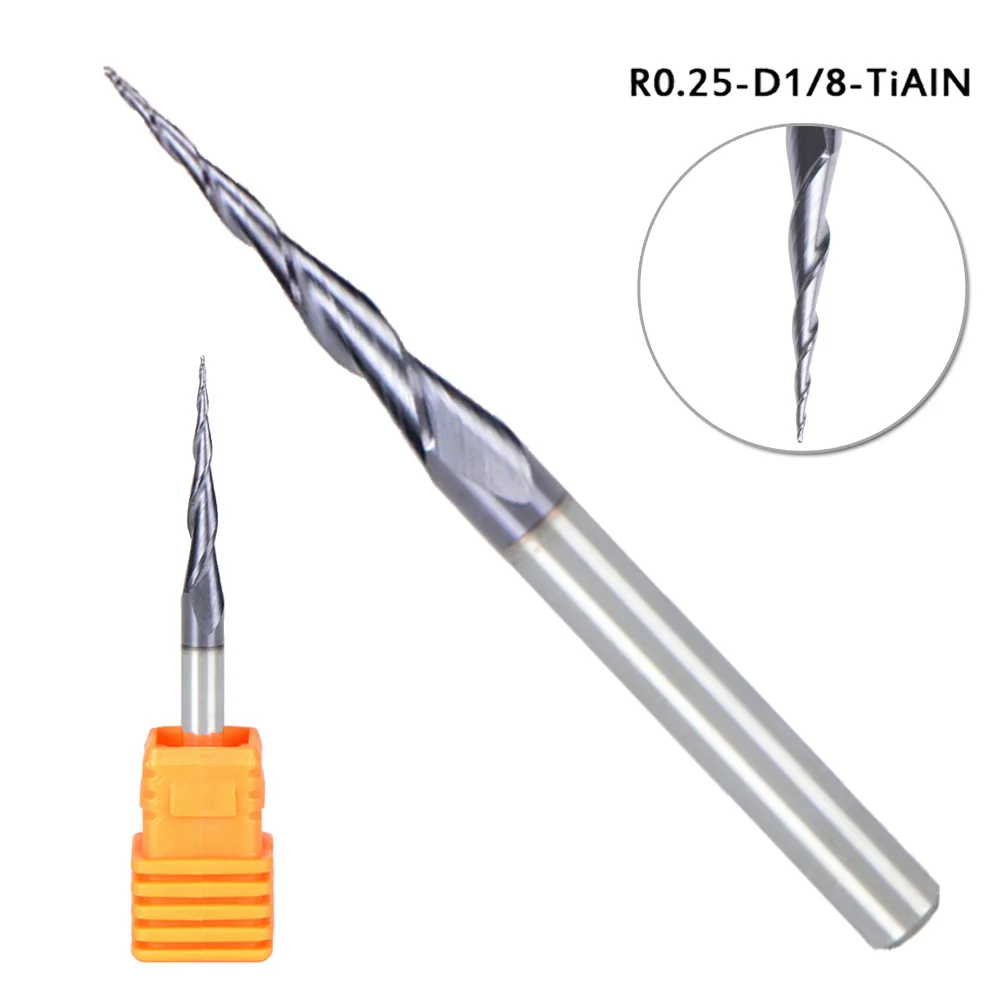 1/8 Shank CNC Carbide Ball Nose Tapered End Mill Radius 0.25mm TiAIN Coated End Mill For Cutting Soft Materials Cast Iron