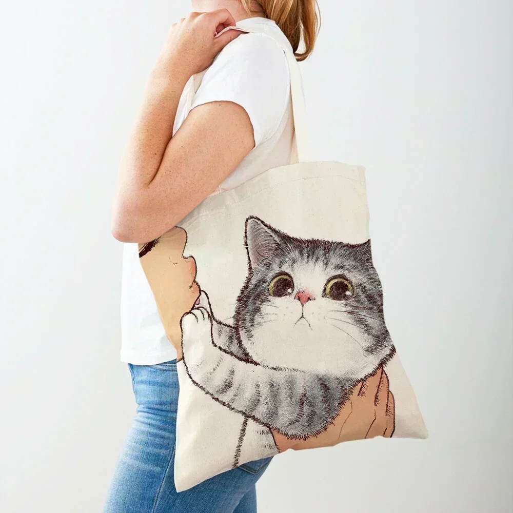 PDE1 Both Sided Shopper Bag Funny Cartoon Cat Casual Women Shopping  Canvas Bag