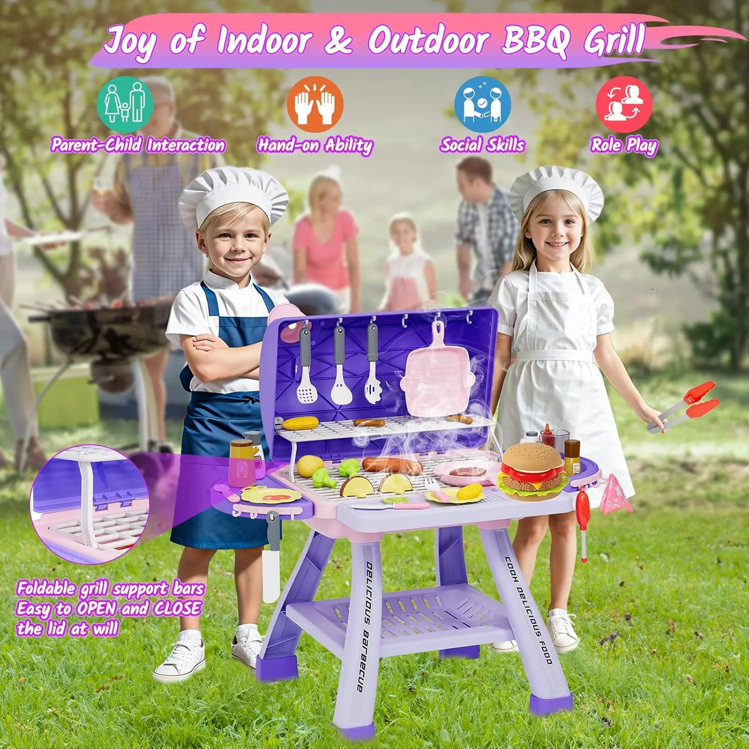 New Upgraded Kids BBQ Grill Playset with Smoke, Sound&Light, Toy Grill for Girls, Pretend Food Hamburger, Kitchen Barbecue Toy G