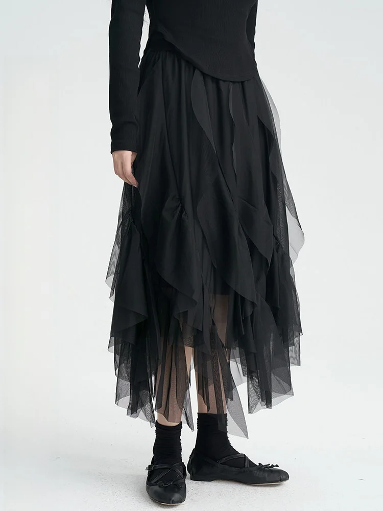 Land And Mountain Island Design Sense Small Audience Irregular Mesh Slimming Half-length Black Pleated A-line Long Skirt