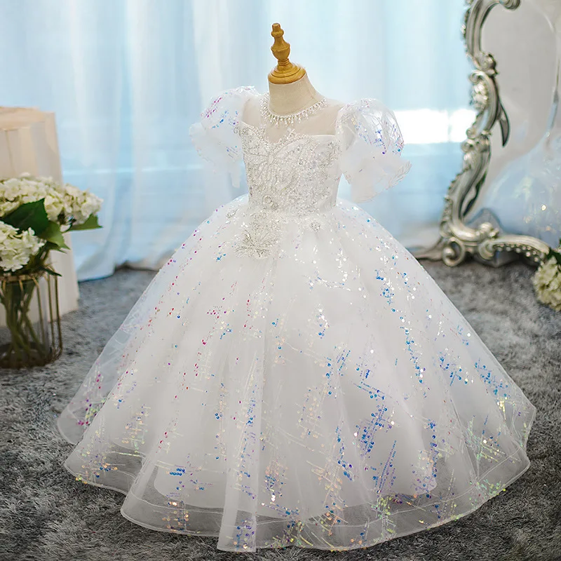 Vestido de baile personalizado para bebês, vestidos de flores para meninas, apliques, mangas bufantes, princesa, baile, festa de aniversário