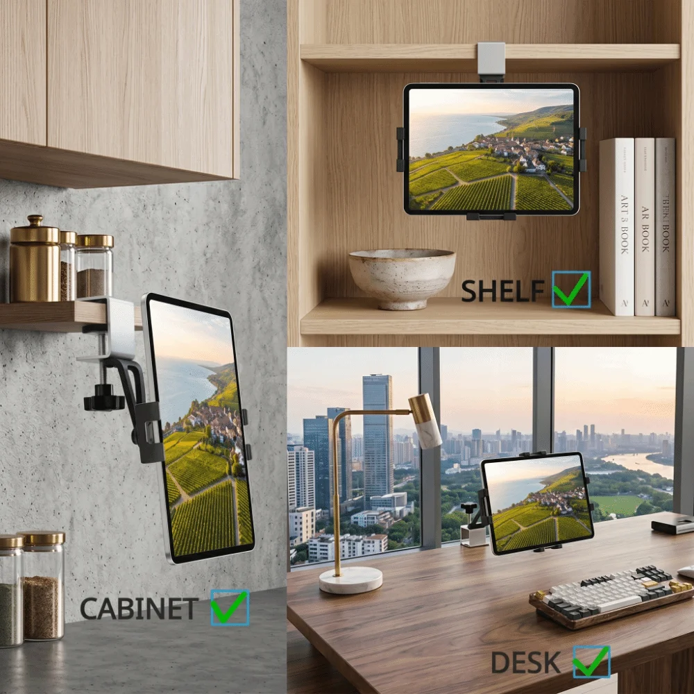 Universal Design Under Cabinet Holder Metal Clamp Adjustable Fit Tablet Mount Stand Simple Installation Desk Mount