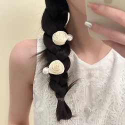 2/4 pz donne coreane rose perle piccole clip laterali elastici per capelli grande fiore raso capelli corda Charms coda di cavallo accessori per capelli