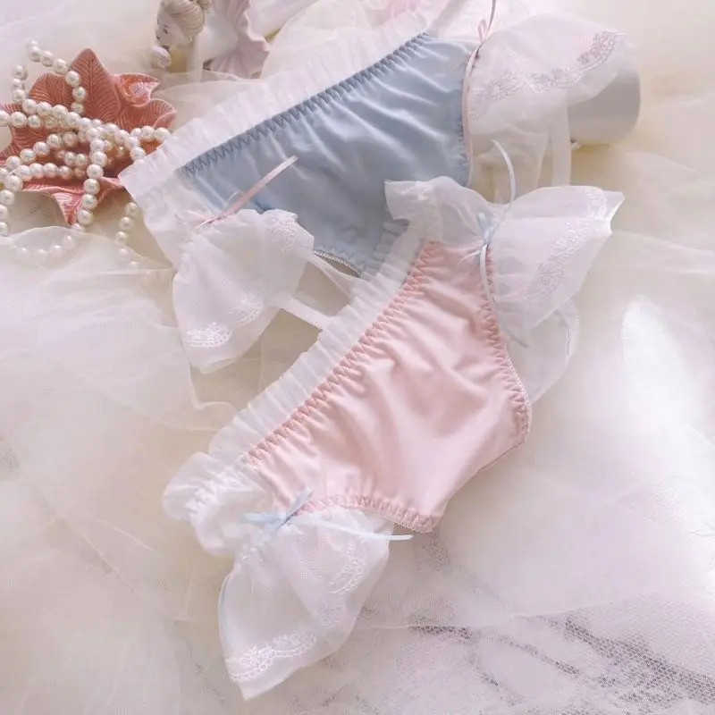 Women Sexy Lace Milk Silk Mesh Ruffles Cute Lovely Sweety Panties Transparent Bow Elasticity Princess Underwear Embroidery