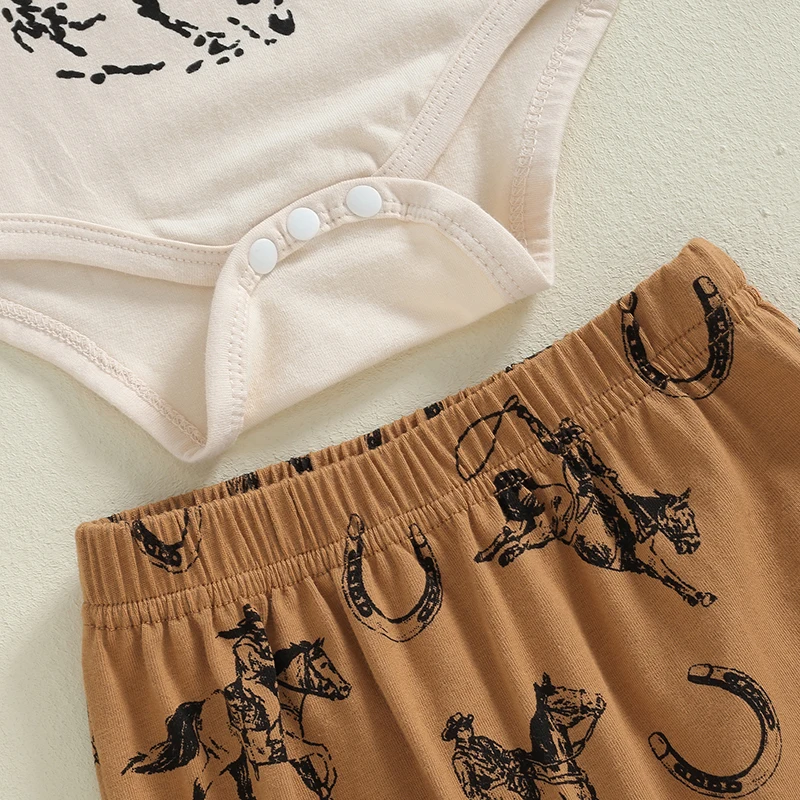 2024-05-30 Lioraitiin Baby Boys 3PCS Outfit Sets Long Sleeve Letter Print Romper Horse Print Pants Hat Sets