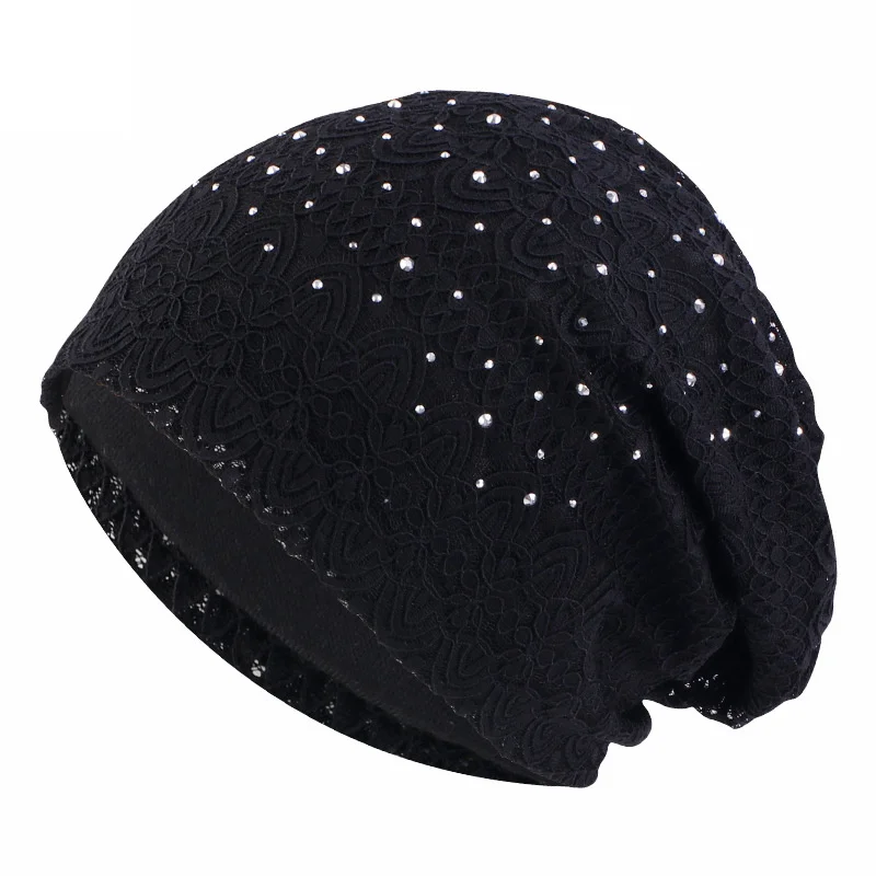 Winter Hats For Women Men Lace Rhinestone Breathable Turban Hat Windproof Warm Cap Female Beanie Hip Hop Bone Gorro Ponytail Hat