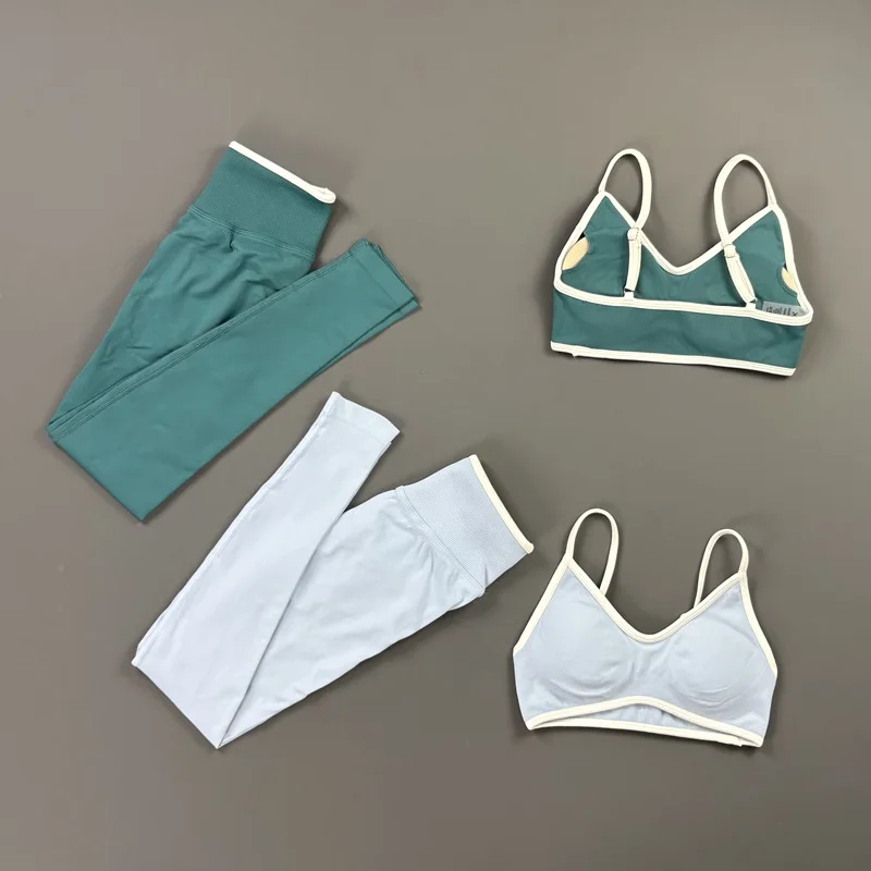 2Pcs Gym Set Seamless Color Blocking Sports Leggings Sets High Stretch Push Up Fitness Bra Quick Dry Running Workout Clothing