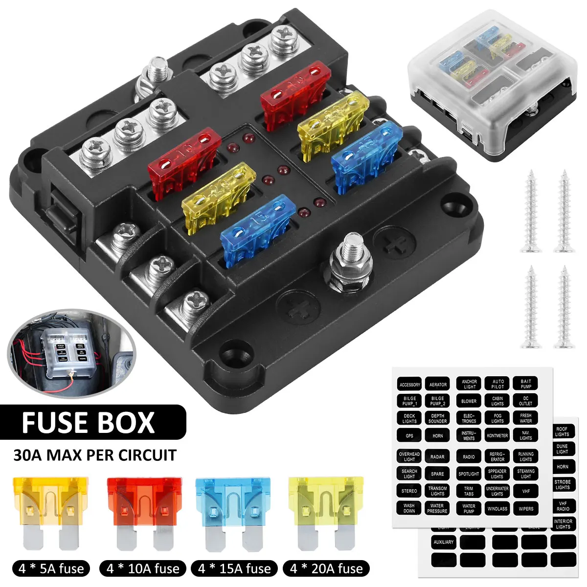 4/6 Way Car Boat Fuse Box DC 32V Circuit Standard Blade Fuse Block LED Warning Indicator Car Marine Waterproof Fuse Box Bracket