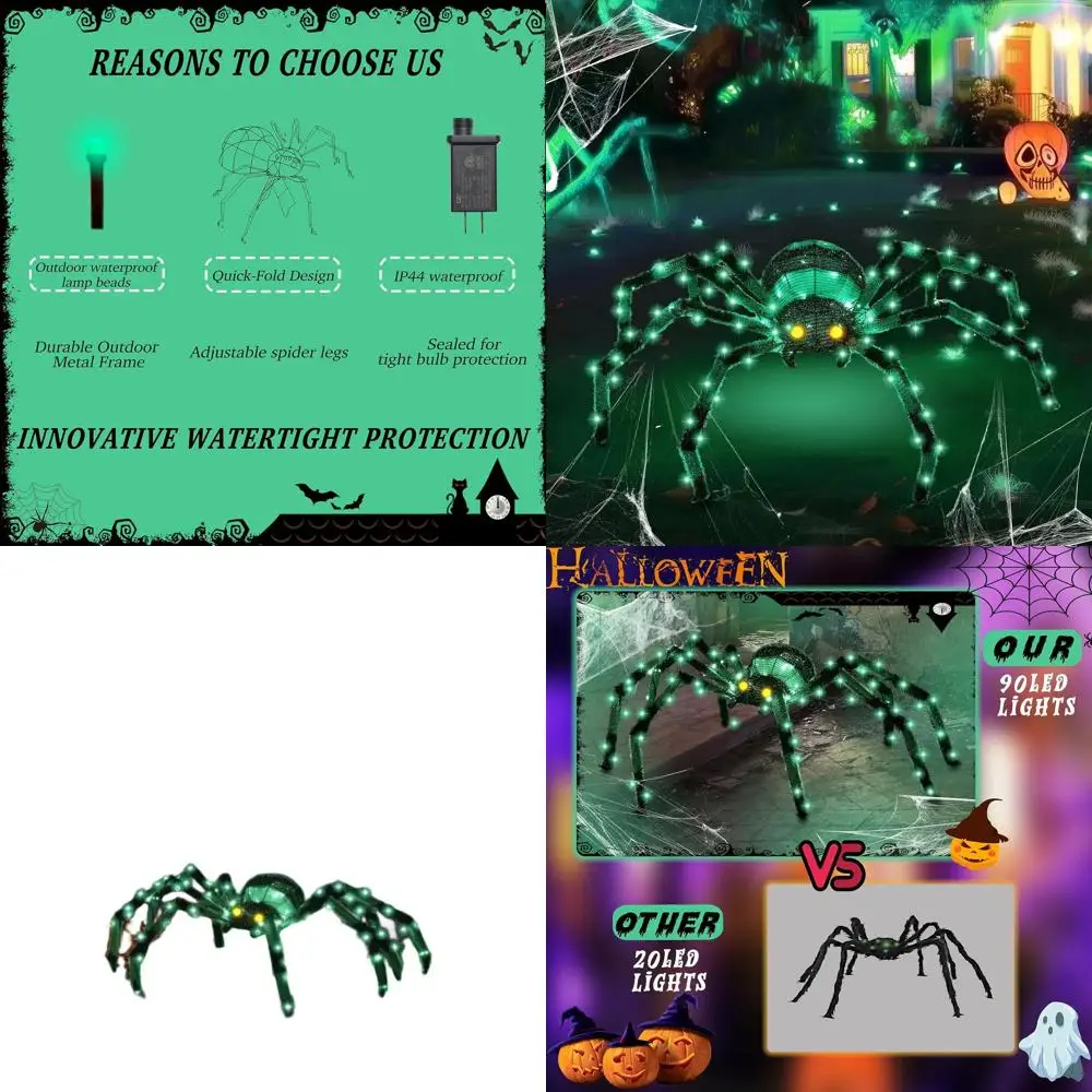 

Giant 4.2ft Outdoor Halloween Spider Decoration with 90 LEDs, 52 Green Light Up for Yard, Porch, Garden, Lawn