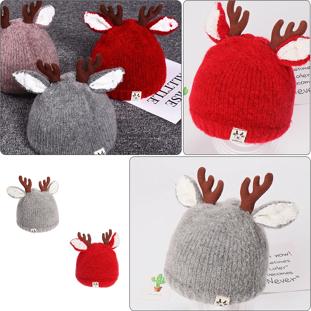 

2Pcs Winter Children's Warm Knitted Hat Cartoon Fawn Design Woolen Baby Hat Thick Warm Cap Cartoon Hats Winter Knitted Cap