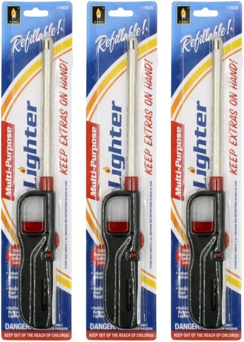 6 Pack Long Stem Lighter with Butane Fuel, Wind Resistant for BBQ Grill, Candle, Fireplace, Kitchen Stove, Red