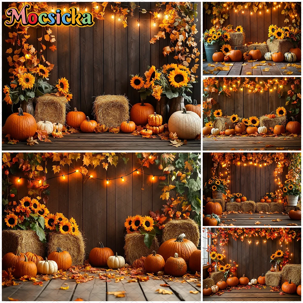 

Mocsicka Fall Background For Photography Yellow Maple Leaf Sunflower Straw Lamp Decorations Banner Pumpkin Party Autumn Backdrop
