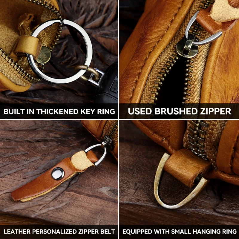 Large Capacity Retro Soft Cowhide Key Bag Zipper Buckle Genuine Leather Key Case Short Vertical Square Shape Soft Surface