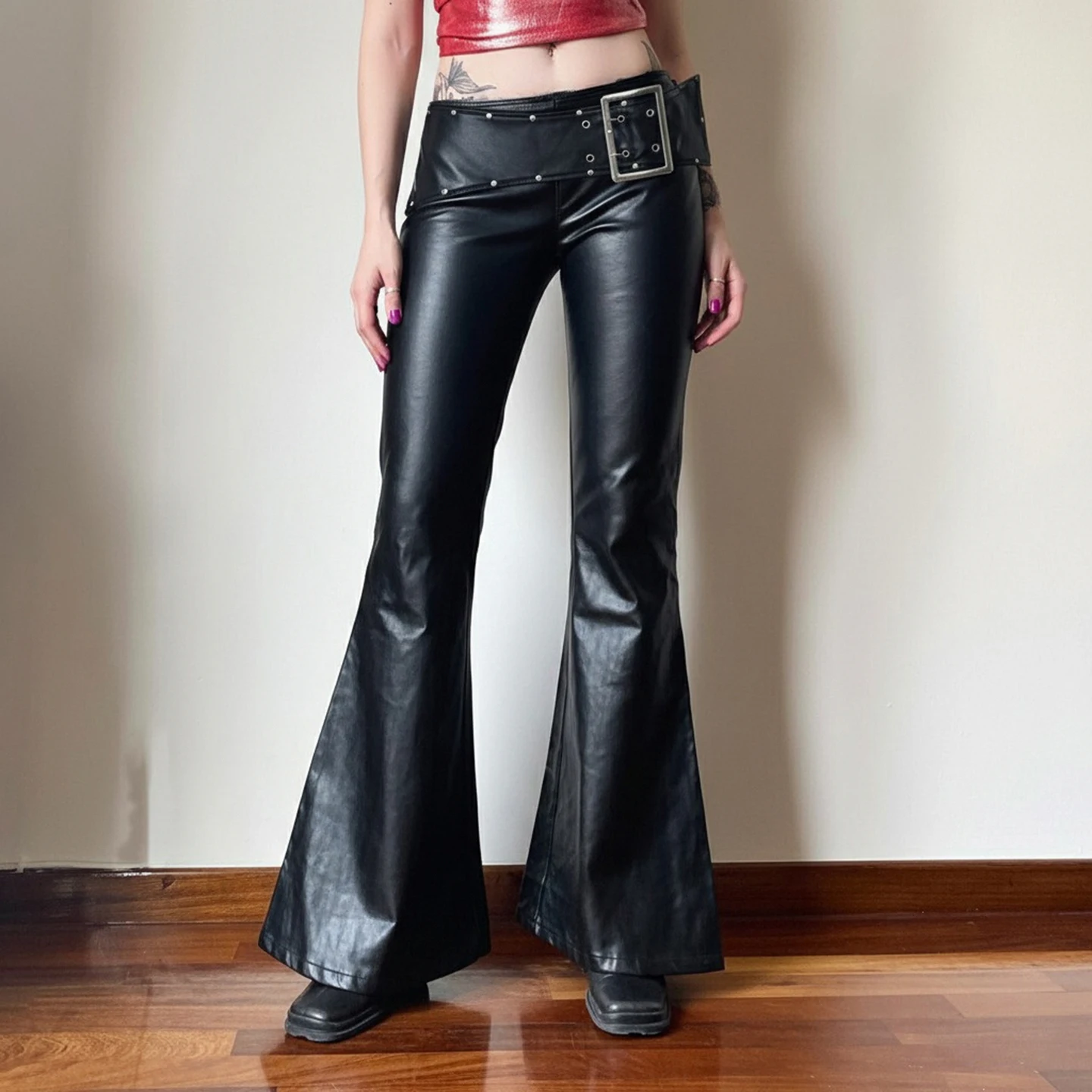 Dark Solid Pu Leather Flare Pants Women Punk Style Slim-Fitting Low-Waisted Pants With Metal Buckle Belt 2026 Fashion Streetwear