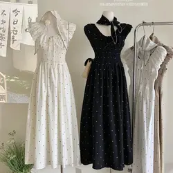 Women's Black A-line Dot Dress Y2k Vintage Elegant French Style Off Shoulder Long Dresses One Piece Frocks 2000s Clothes Summer