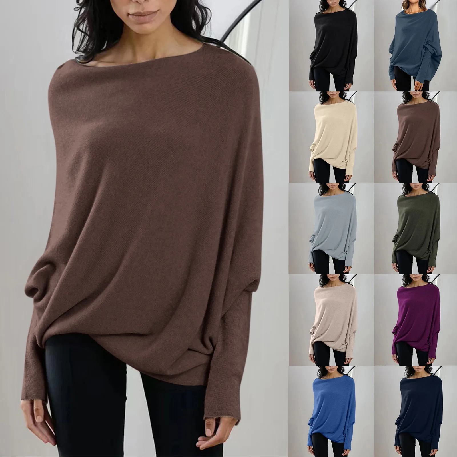 Womens Long Sleeve Neck Tunic Tops Fall Baggy Slouchy Pullover Sweaters Off The Shoulder Sweater