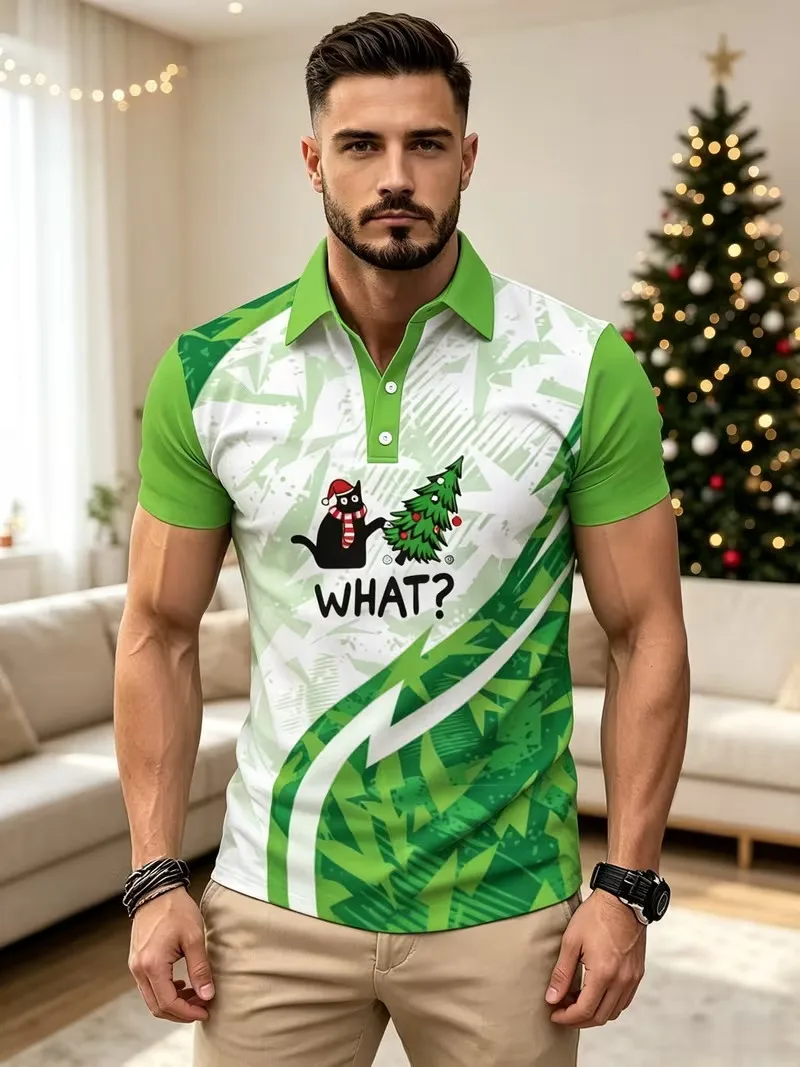 Mens Vintage Nordic Christmas Pattern Polo Shirt Short Sleeve Lapel Tee Green Base Xmas Tree Flower Print Casual Tops For Men