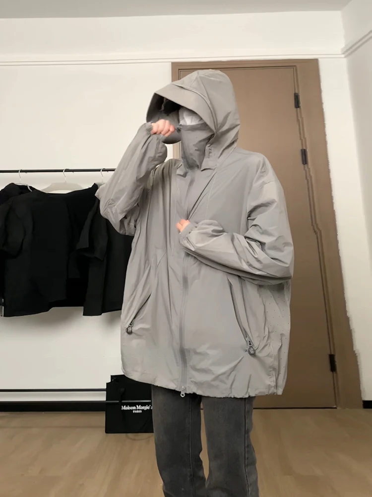 

Мужская летняя солнцезащитная одежда из ледяного шелка, ветрозащитная куртка с защитой от волнистого излучения, комплект для пары: куртка, шапка, маска, интегрированный американский стиль