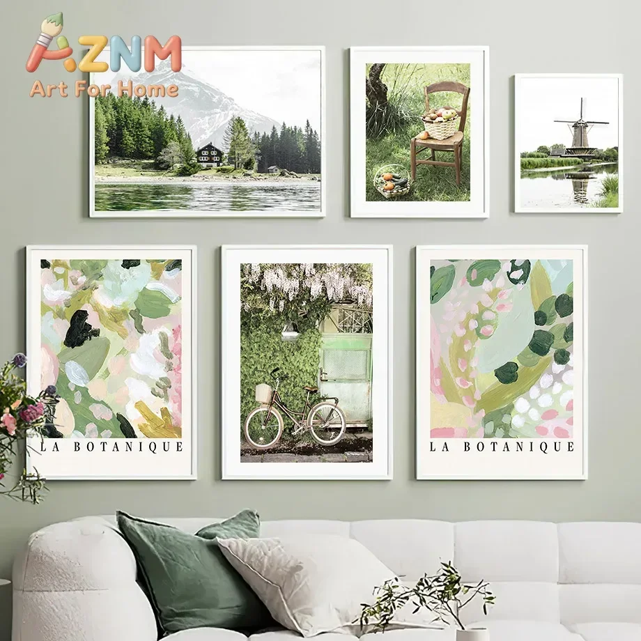1pc frameless Canvas painting Green Field Nature Spring Plant Windmill Botany Train Poster Canvas Painting Farmhouse Wall Art Pi