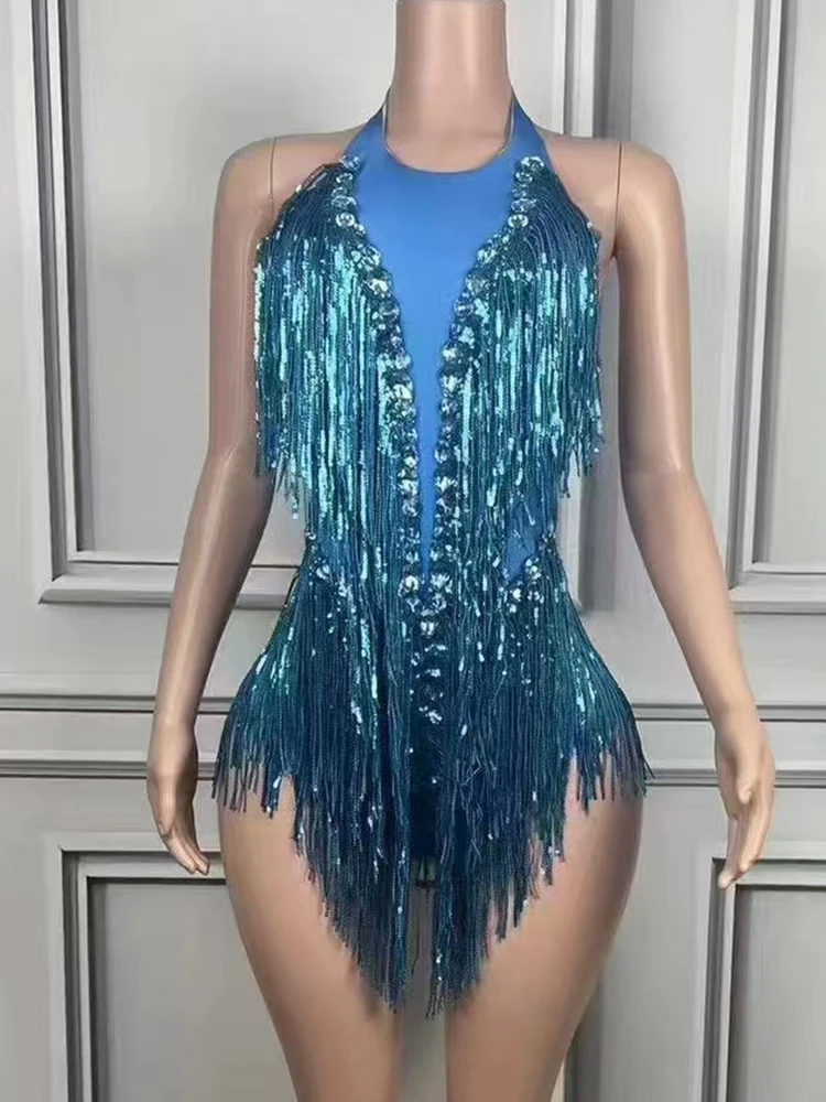 High Quality Rhinestone Sequin Tassel Sexy Hanging Neck Jumpsuit 2024 New Fashion Custom Women'S Clothing