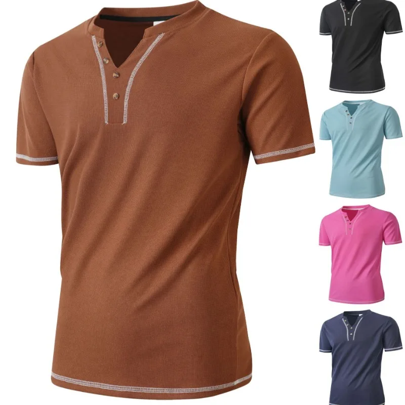

New 2025 Organic Cotton Men's Henley Shirt Slim V-Neck Button Placket Casual Short Sleeve