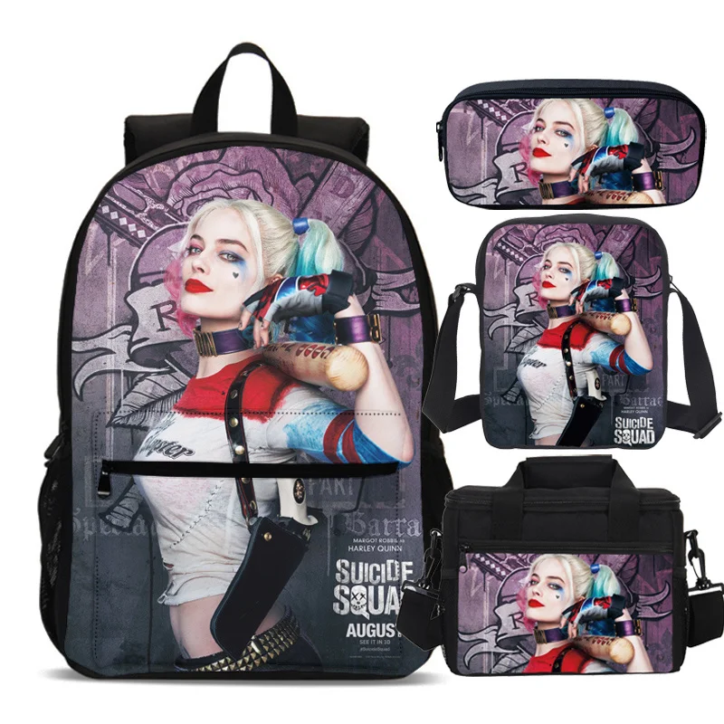 4pcs set For Harley Child School Backpack Suicid with Lunch Bags For Quinns Squa Pencil Bags ,School Bags for Boys Girls